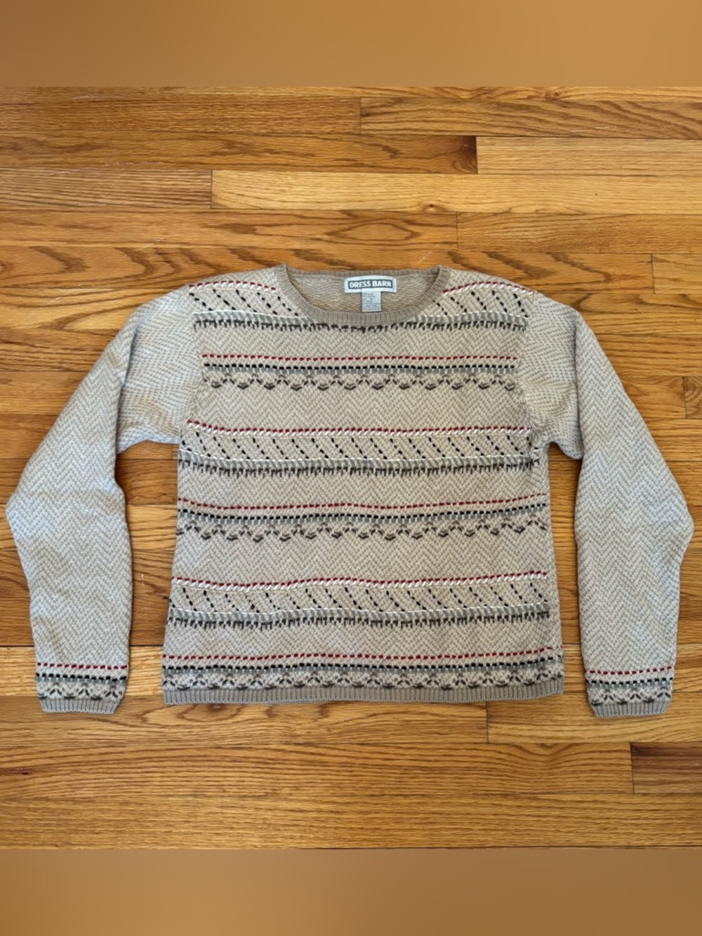 Dress Barn Beige Crewneck Sweater with Multicolor Stripe Accents